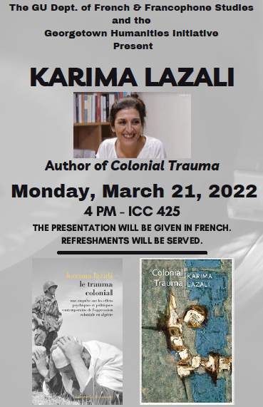 Karima Lazali - event flyer, showcasing two book cover and picture of the author