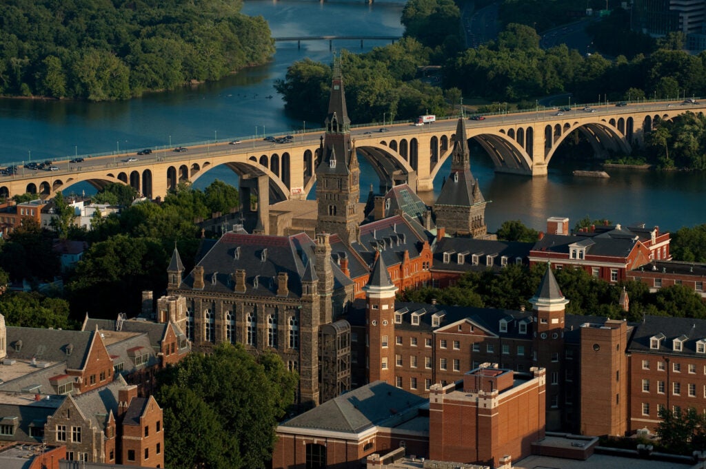 Aerial view of Georgetown with Key bridge in the distance